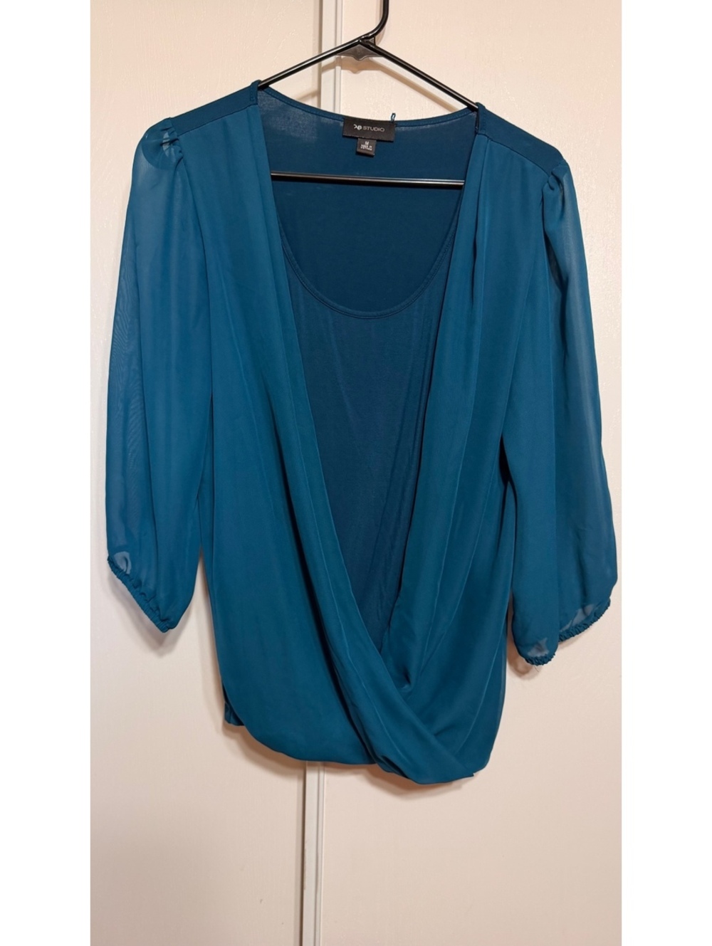 AB Studio Womens Medium Teal Layered Surplice Blouse 3/4 Sleeve Sheer Top